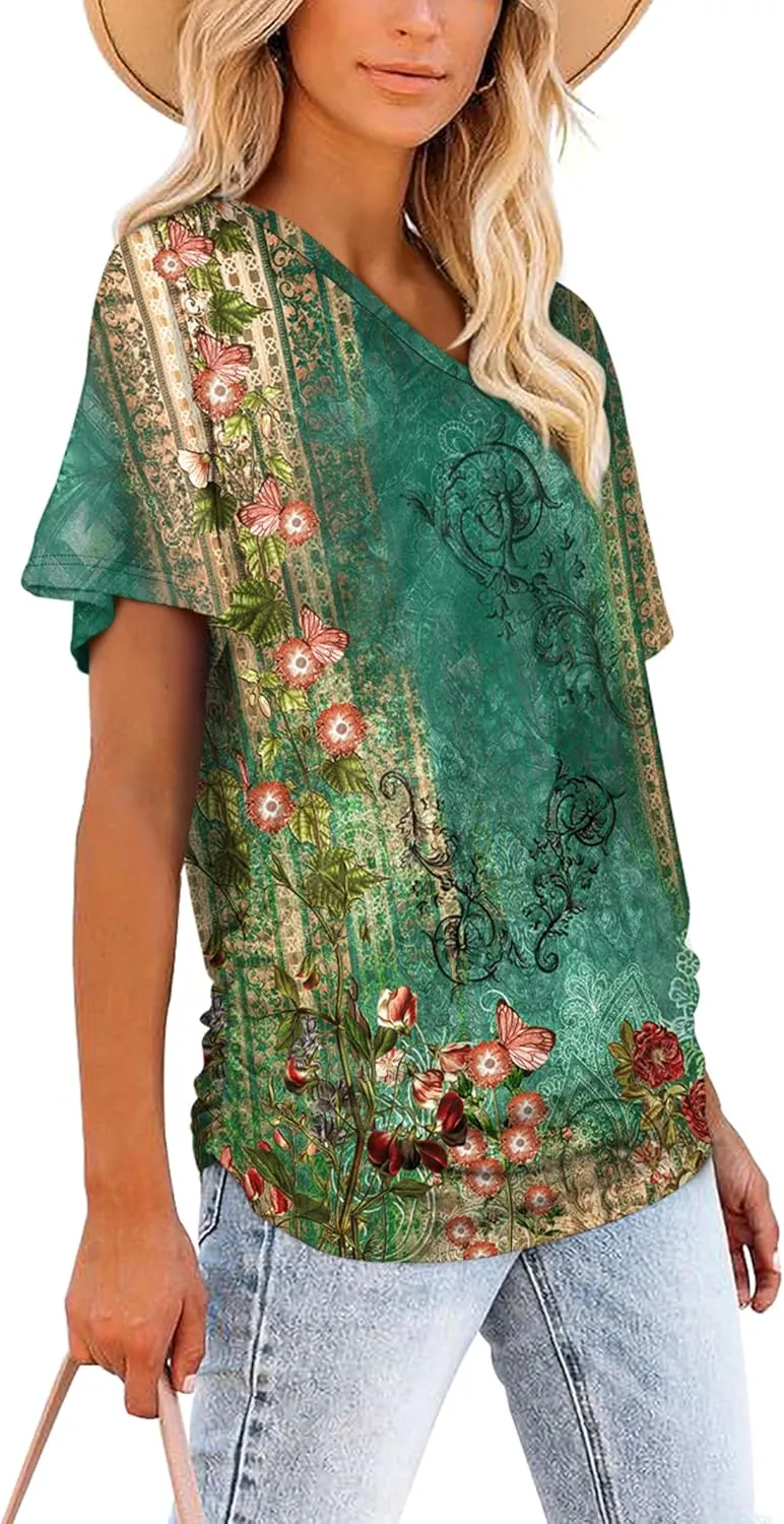 WIHOLL Womens Short Sleeve V Neck Dolman Tops with Side Shirring Loose Fit Shirts
