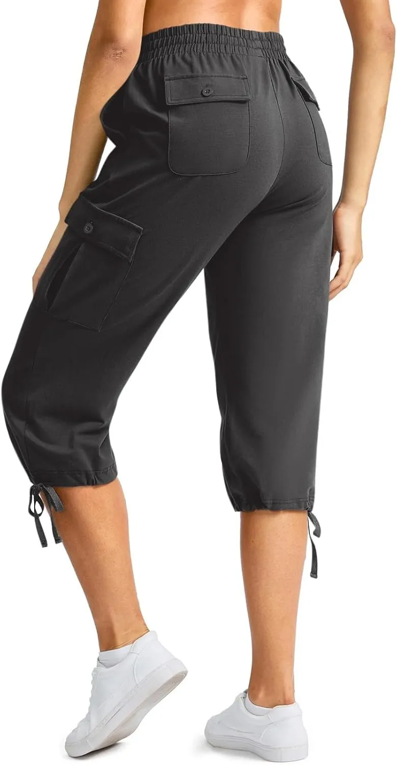 Women Cargo Capris Summer Plus Size Cotton Capris Casual Capri Pants with Pockets Drawstring Capri Sweatpants