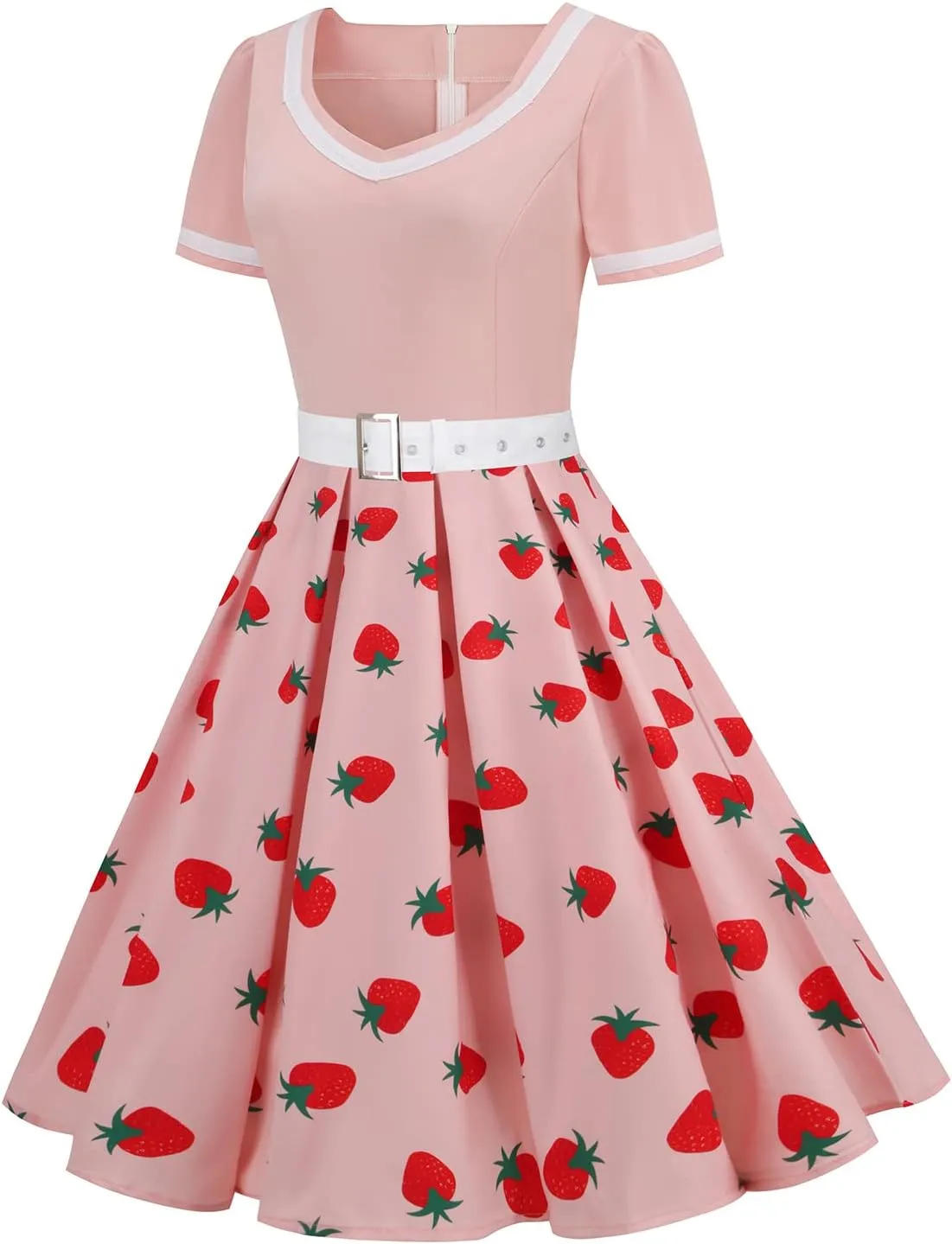 Women Short Sleeve 1950s Retro Vintage Cocktail Party Swing Dress Polka Dot Audrey Dress Casual A-Line Work Dress with Belt