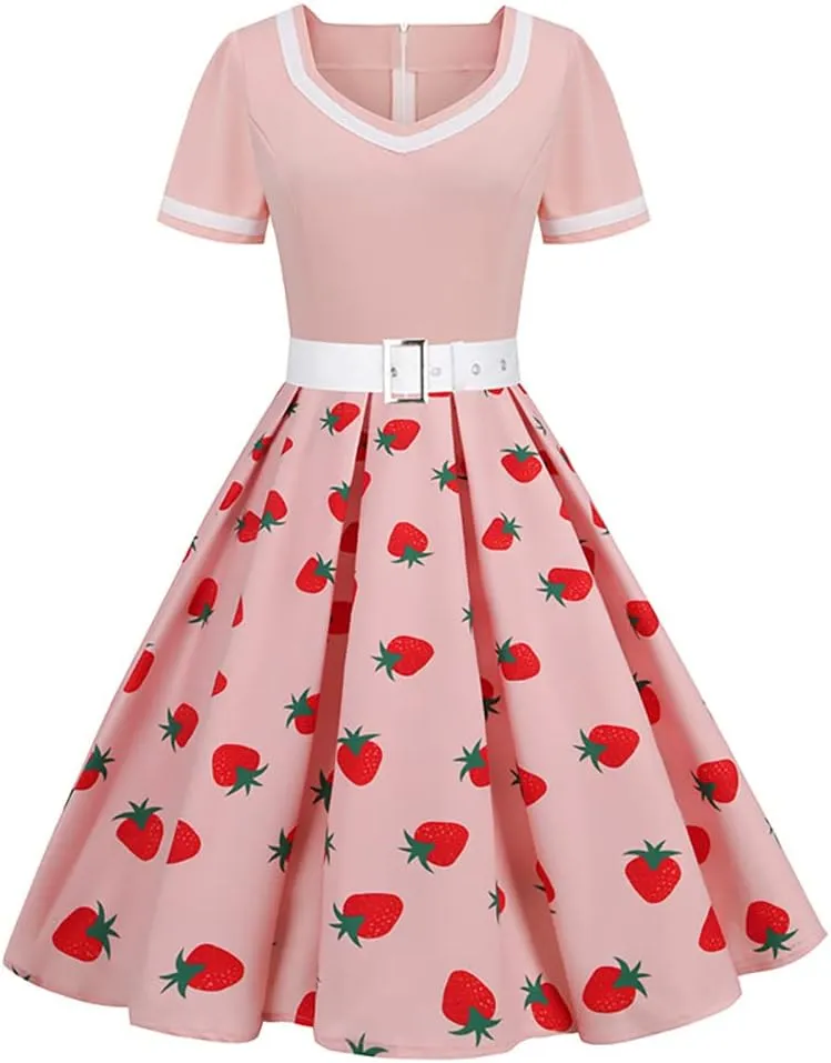 Women Short Sleeve 1950s Retro Vintage Cocktail Party Swing Dress Polka Dot Audrey Dress Casual A-Line Work Dress with Belt