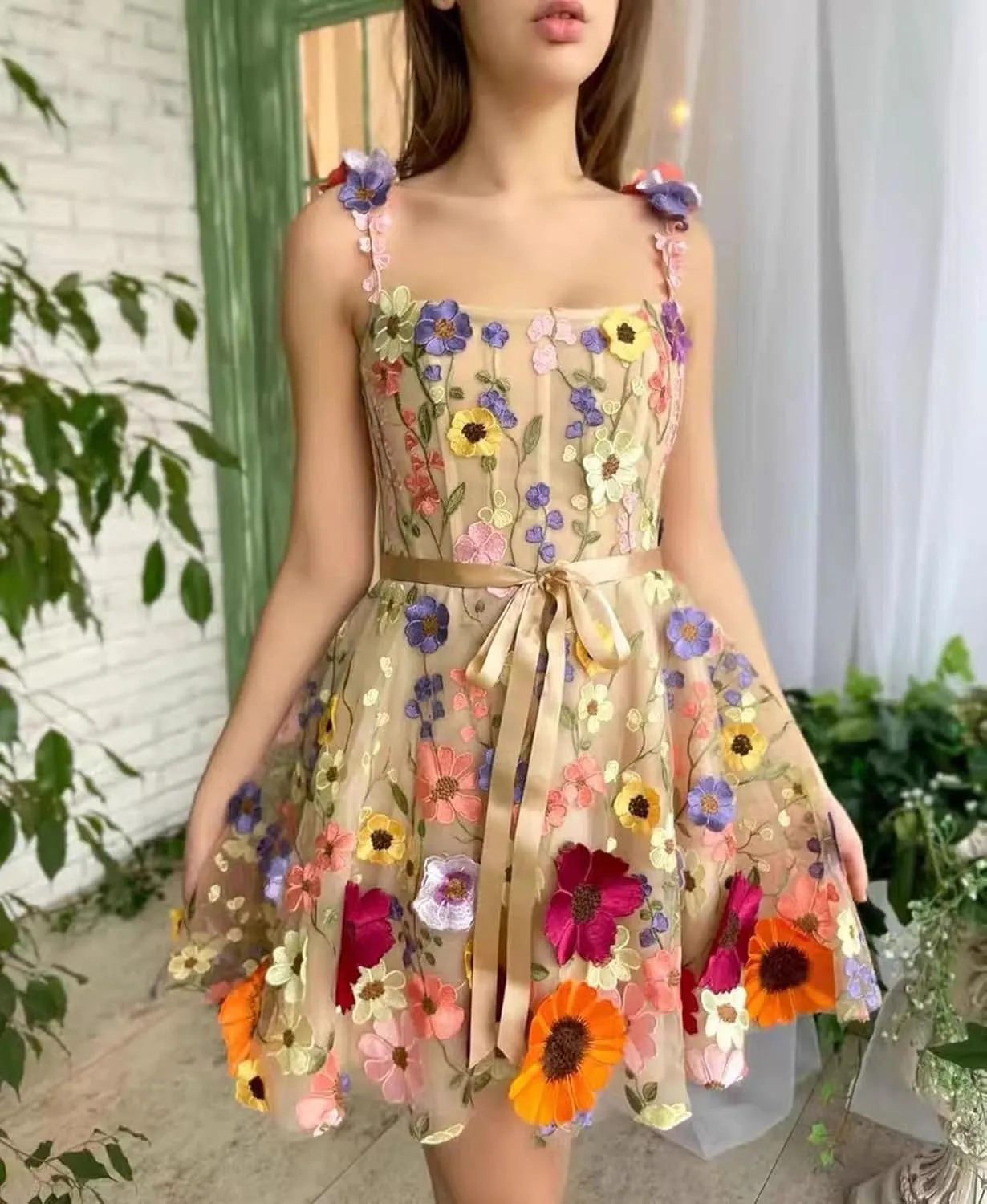 Women's 3D Flowers Floral Tulle Prom Dresses A-Line Evening Gowns Formal Party Dress