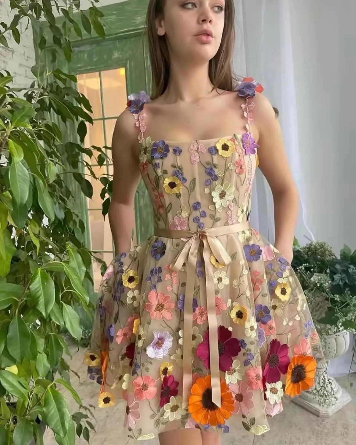 Women's 3D Flowers Floral Tulle Prom Dresses A-Line Evening Gowns Formal Party Dress