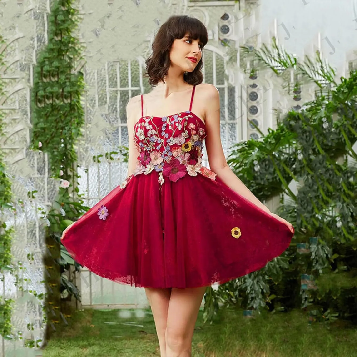 Women's 3D Flowers Floral Tulle Prom Dresses A-Line Evening Gowns Formal Party Dress