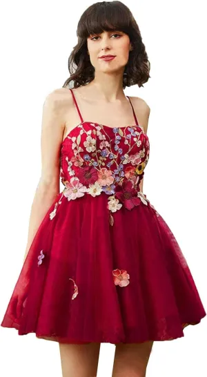 Women's 3D Flowers Floral Tulle Prom Dresses A-Line Evening Gowns Formal Party Dress
