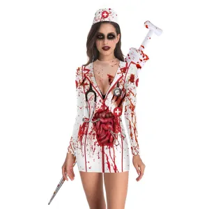 Women's Bloody Nurse Cosplay Halloween Sexy Tight Dress Party Party Women's Long Sleeve Dress