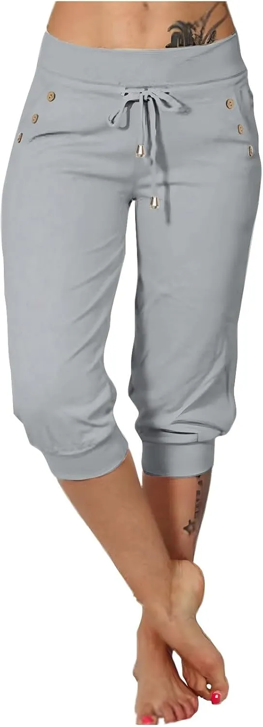 Womens Capri Pants High Waisted Drawstring Joggers Stretch Lightweight Casual Hiking Yoga Plus Size Pants with Pockets