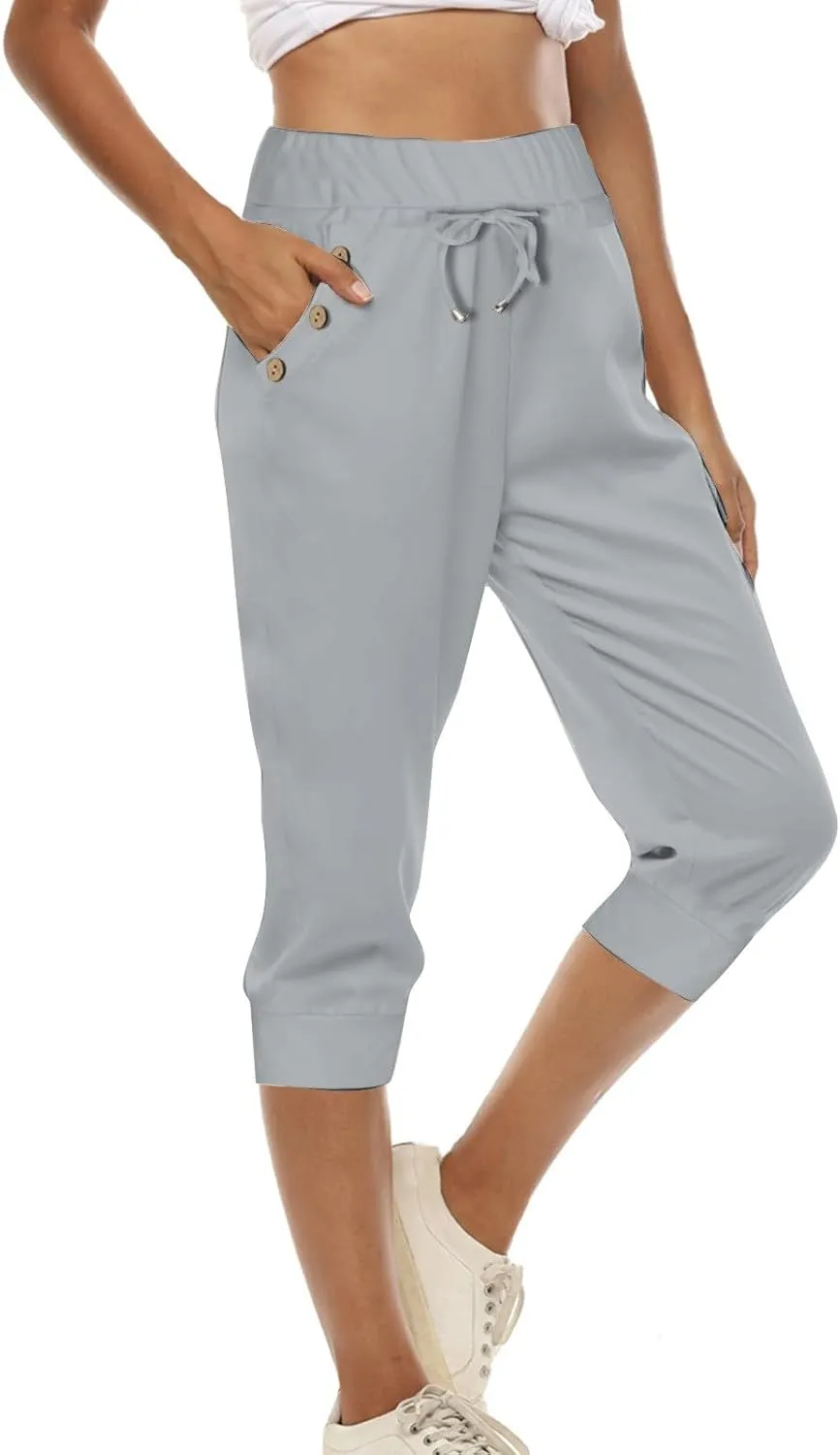 Womens Capri Pants High Waisted Drawstring Joggers Stretch Lightweight Casual Hiking Yoga Plus Size Pants with Pockets