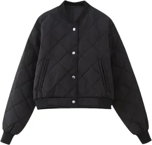 Women's Cropped Puffer Jacket Bomber Quilted Lightweight Jackets Casual Button Down Varsity Jacket Coat with Pockets