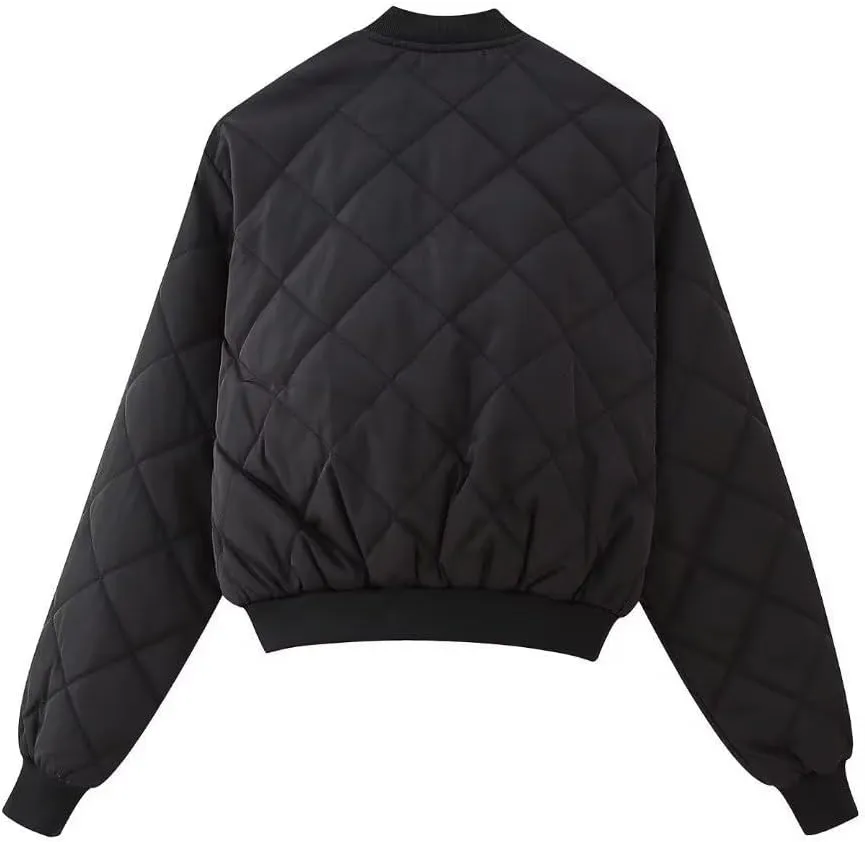 Women's Cropped Puffer Jacket Bomber Quilted Lightweight Jackets Casual Button Down Varsity Jacket Coat with Pockets