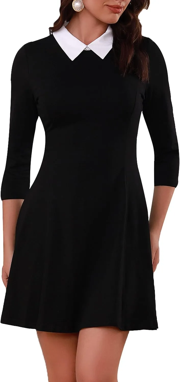 Women's Fall Dresses Cute Peter Pan Collar Fit and Flare Short Skater A Line Casual Goth Dress with Sleeves