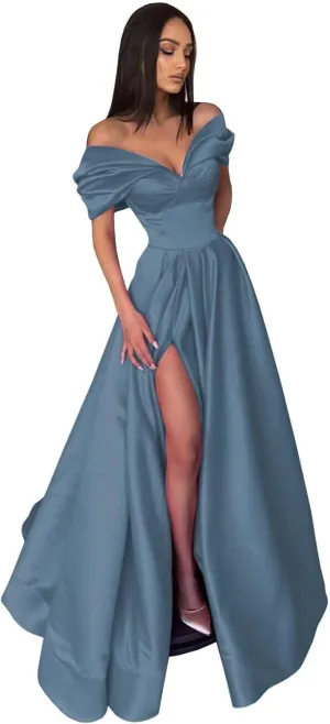 Women's Off The Shoulder Satin Prom Dress with Pockets Long Backless A-Line Formal Evening Gowns with Slit