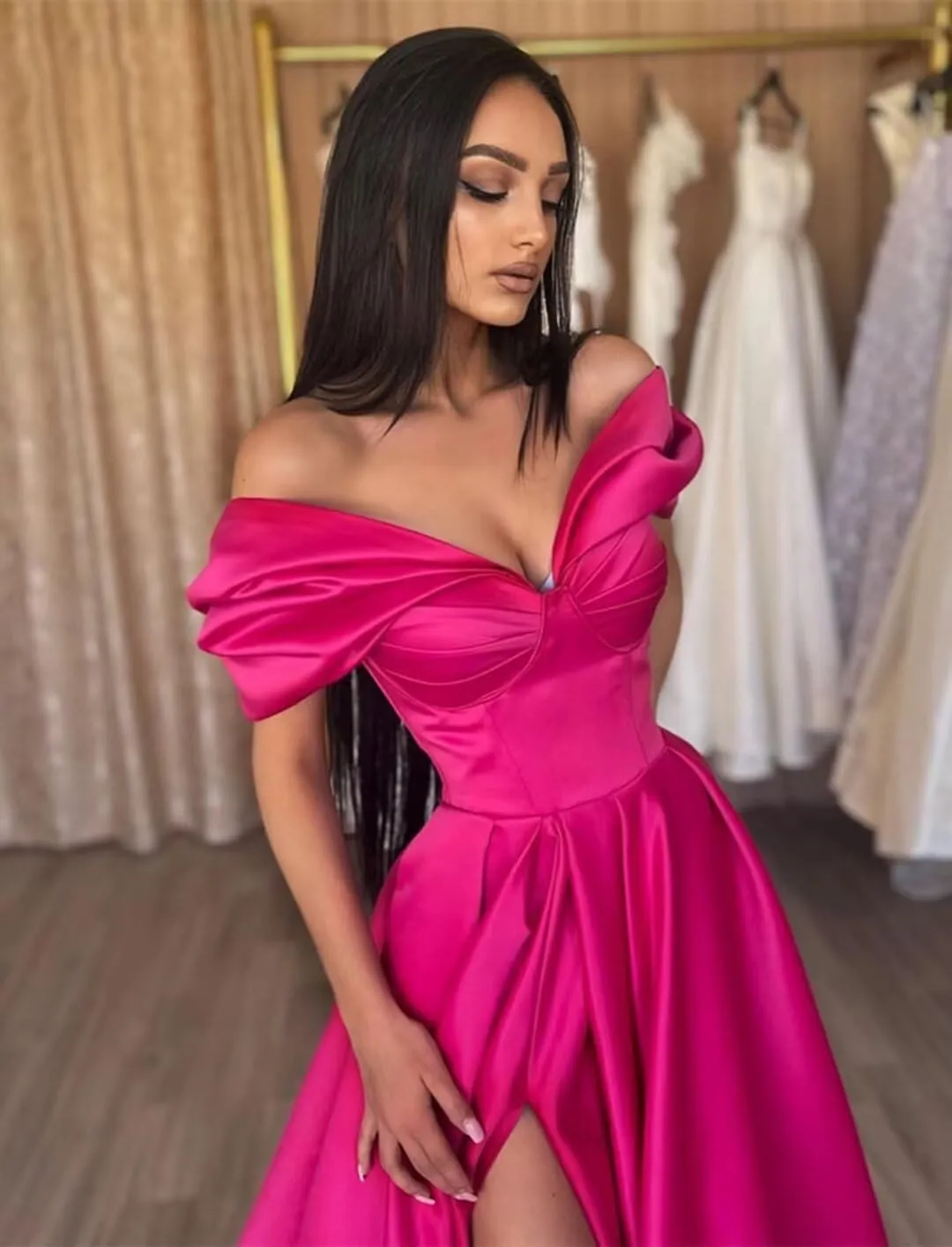 Women's Off The Shoulder Satin Prom Dress with Pockets Long Backless A-Line Formal Evening Gowns with Slit