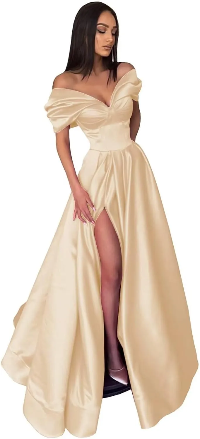 Women's Off The Shoulder Satin Prom Dress with Pockets Long Backless A-Line Formal Evening Gowns with Slit