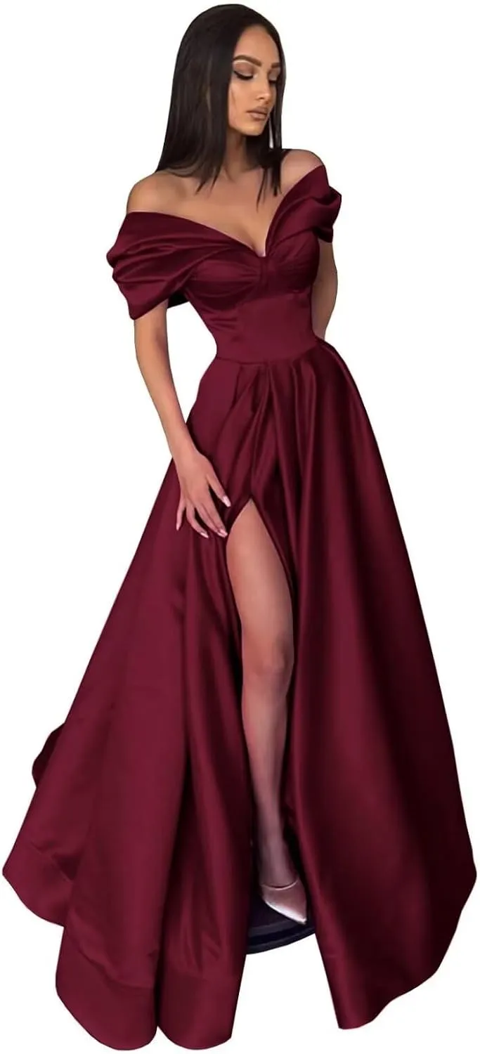 Women's Off The Shoulder Satin Prom Dress with Pockets Long Backless A-Line Formal Evening Gowns with Slit