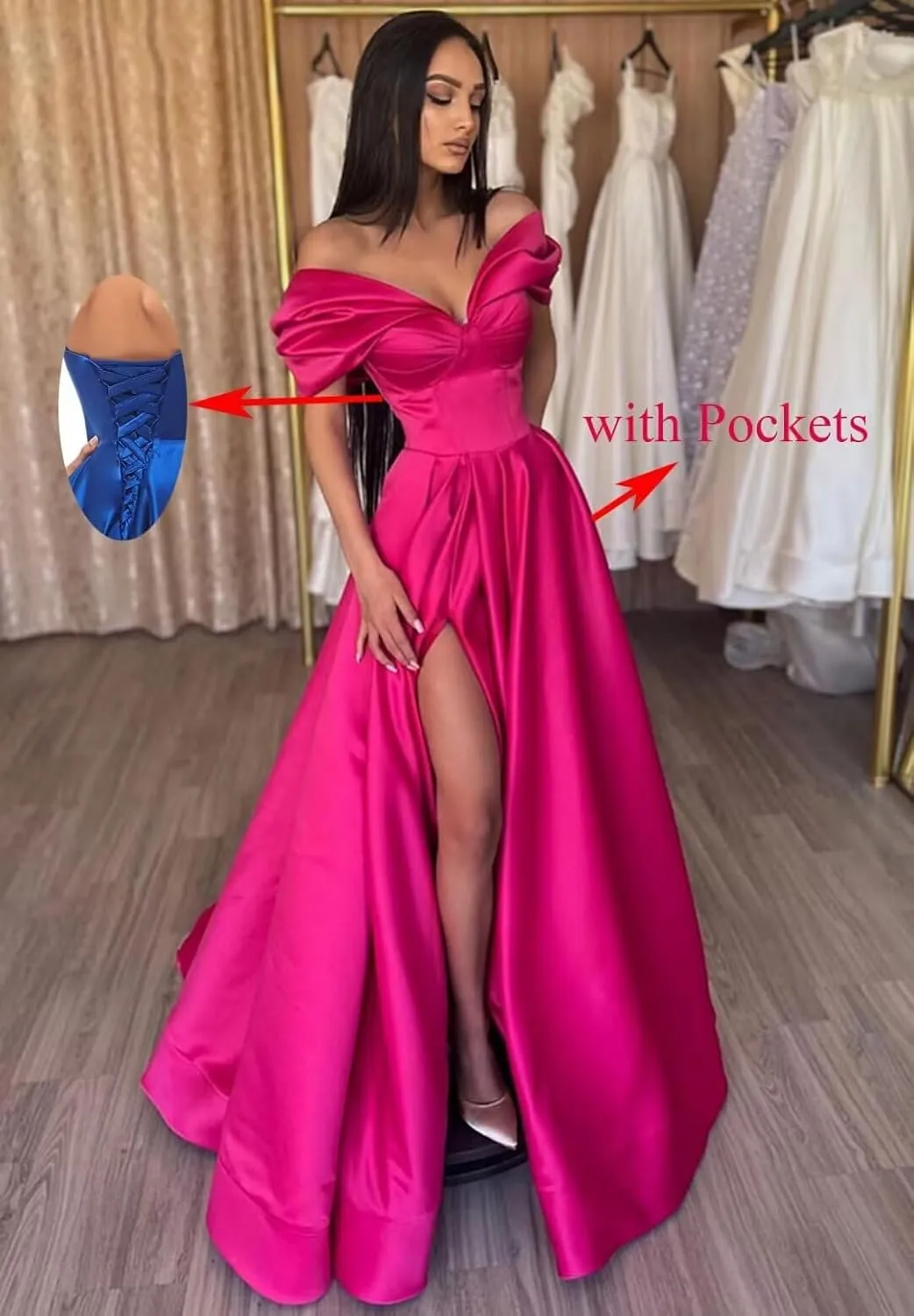 Women's Off The Shoulder Satin Prom Dress with Pockets Long Backless A-Line Formal Evening Gowns with Slit