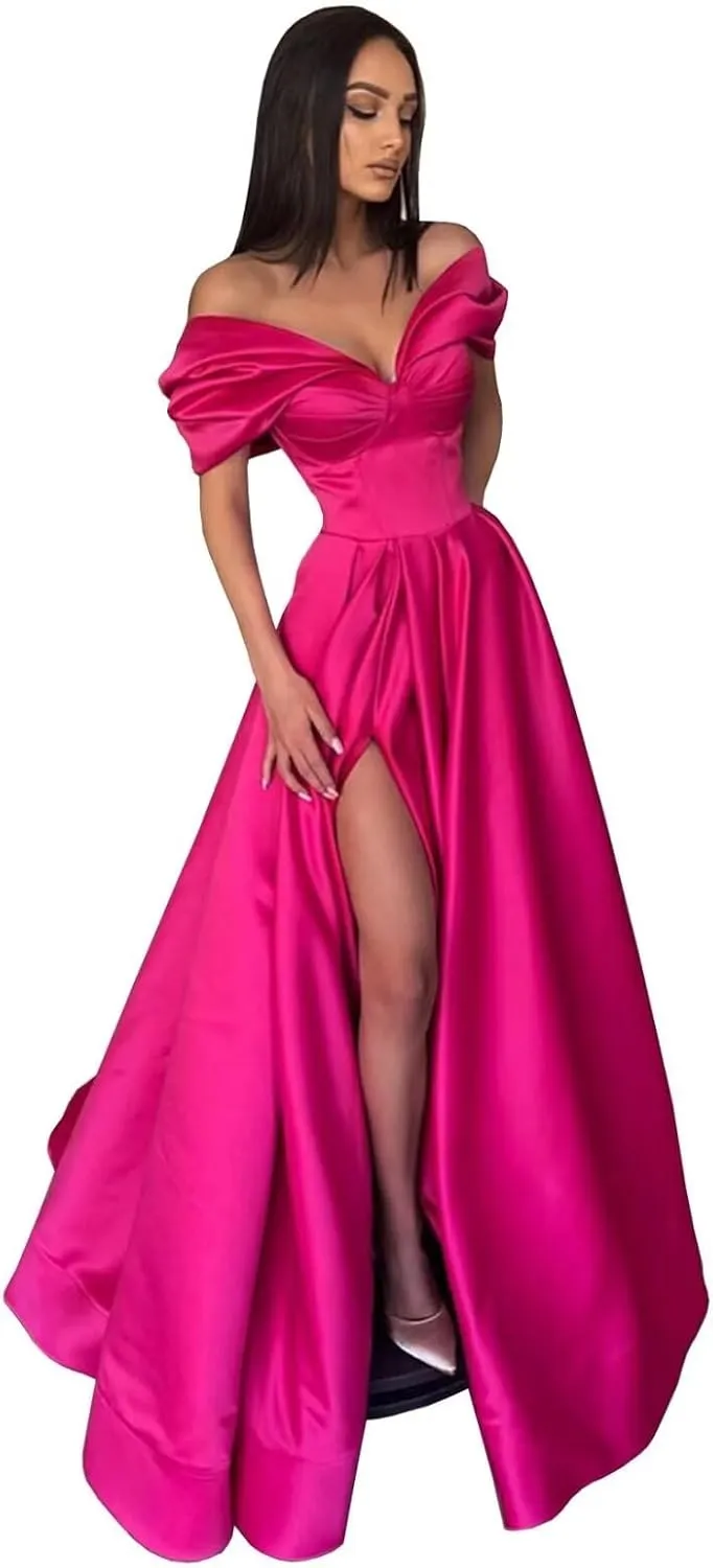 Women's Off The Shoulder Satin Prom Dress with Pockets Long Backless A-Line Formal Evening Gowns with Slit