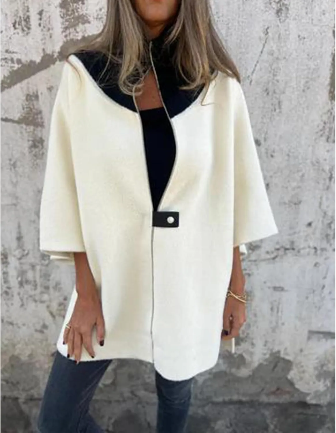 Women's Zip Up Wool Coats Color Block Stand Collar Side Slit Trench Coat 3/4 Bat Sleeve Lightweight Coatigan