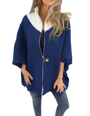 Women's Zip Up Wool Coats Color Block Stand Collar Side Slit Trench Coat 3/4 Bat Sleeve Lightweight Coatigan