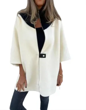 Women's Zip Up Wool Coats Color Block Stand Collar Side Slit Trench Coat 3/4 Bat Sleeve Lightweight Coatigan