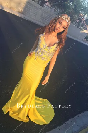 Yellow Plunging Neck Fit and Flare Prom Dress