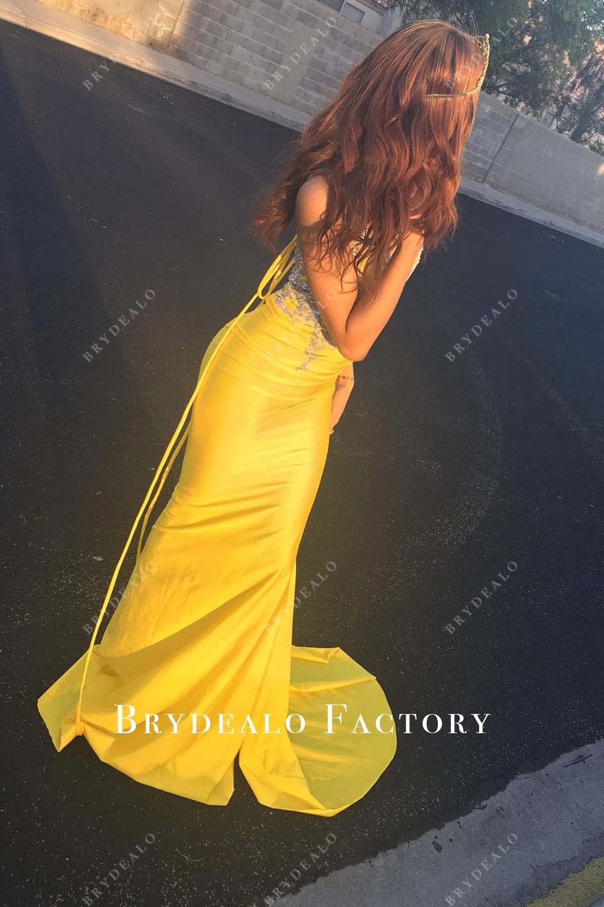 Yellow Plunging Neck Fit and Flare Prom Dress