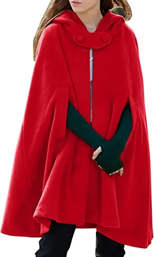 ZYXTIM Women's Wool Blend Hooded Poncho Cape Button Open Front Fall Winter Warm Pea Coat Cloak Elegant Classy Maxi Cape Coat