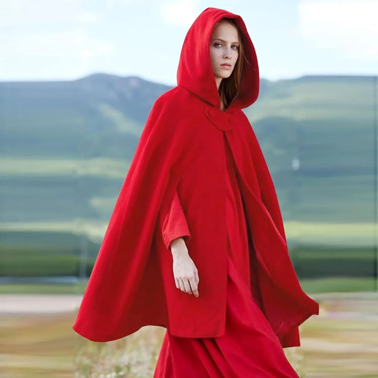 ZYXTIM Women's Wool Blend Hooded Poncho Cape Button Open Front Fall Winter Warm Pea Coat Cloak Elegant Classy Maxi Cape Coat